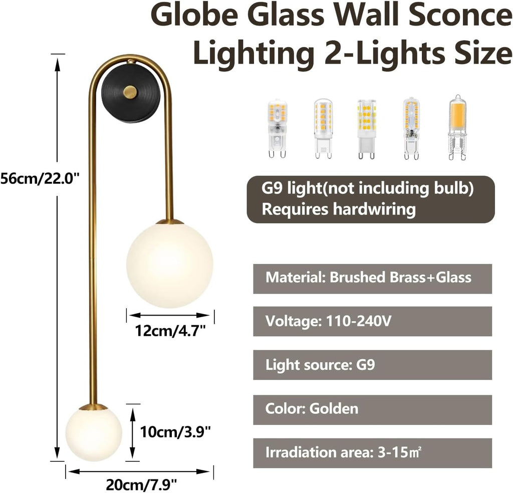 Globe Glass Wall Sconce, 2-Lights Gold Modern Brushed Brass Wall Mount Light, Mid Century Beside Wall Lamp with Glass Shade for Loft Living Room Bedroom