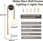 Globe Glass Wall Sconce, 2-Lights Gold Modern Brushed Brass Wall Mount Light, Mid Century Beside Wall Lamp with Glass Shade for Loft Living Room Bedroom