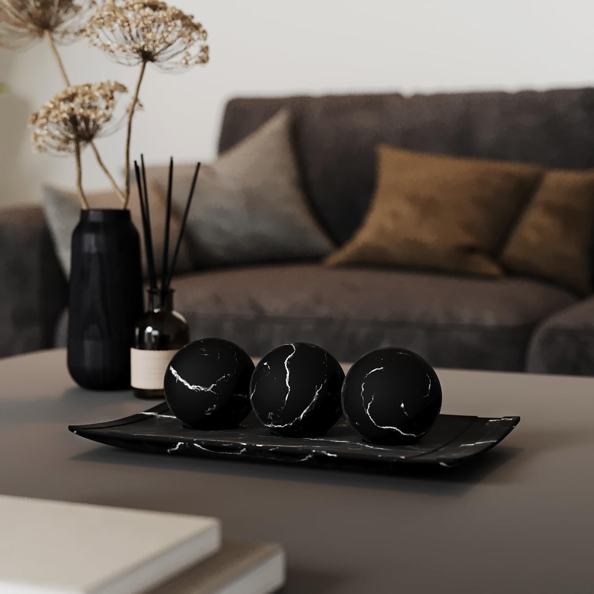 Creative Scents Black Marble Look Home Decor Bowl and Orb Set - Coffee Table Decor for Living Room - Centerpiece Table Decorations for Dining Table, Kitchen Counter, Foyer - Elegant House Decoration