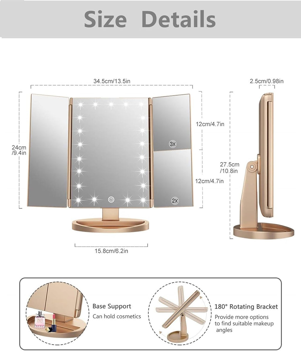 Flymiro Tri-fold Lighted Vanity Makeup Mirror with 3x/2x/1x Magnification, 21Leds Light and Touch Screen,180 Degree Free Rotation Countertop Cosmetic Mirror,Travel Makeup Mirror (Gold)