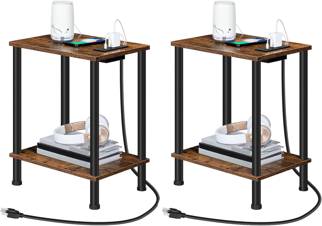 HOOBRO Side Table with Charging Station, Set of 2 End Tables with USB Port and Outlets, Nightstand with 2-Layer Storage Shelves for Small Spaces, Living Room, Bedroom, Rustic Brown BF09UBZP201