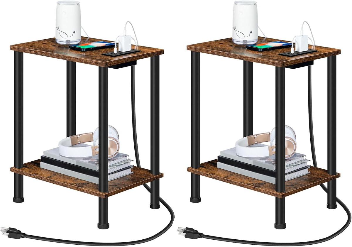 HOOBRO Side Table with Charging Station, Set of 2 End Tables with USB Port and Outlets, Nightstand with 2-Layer Storage Shelves for Small Spaces, Living Room, Bedroom, Rustic Brown BF09UBZP201