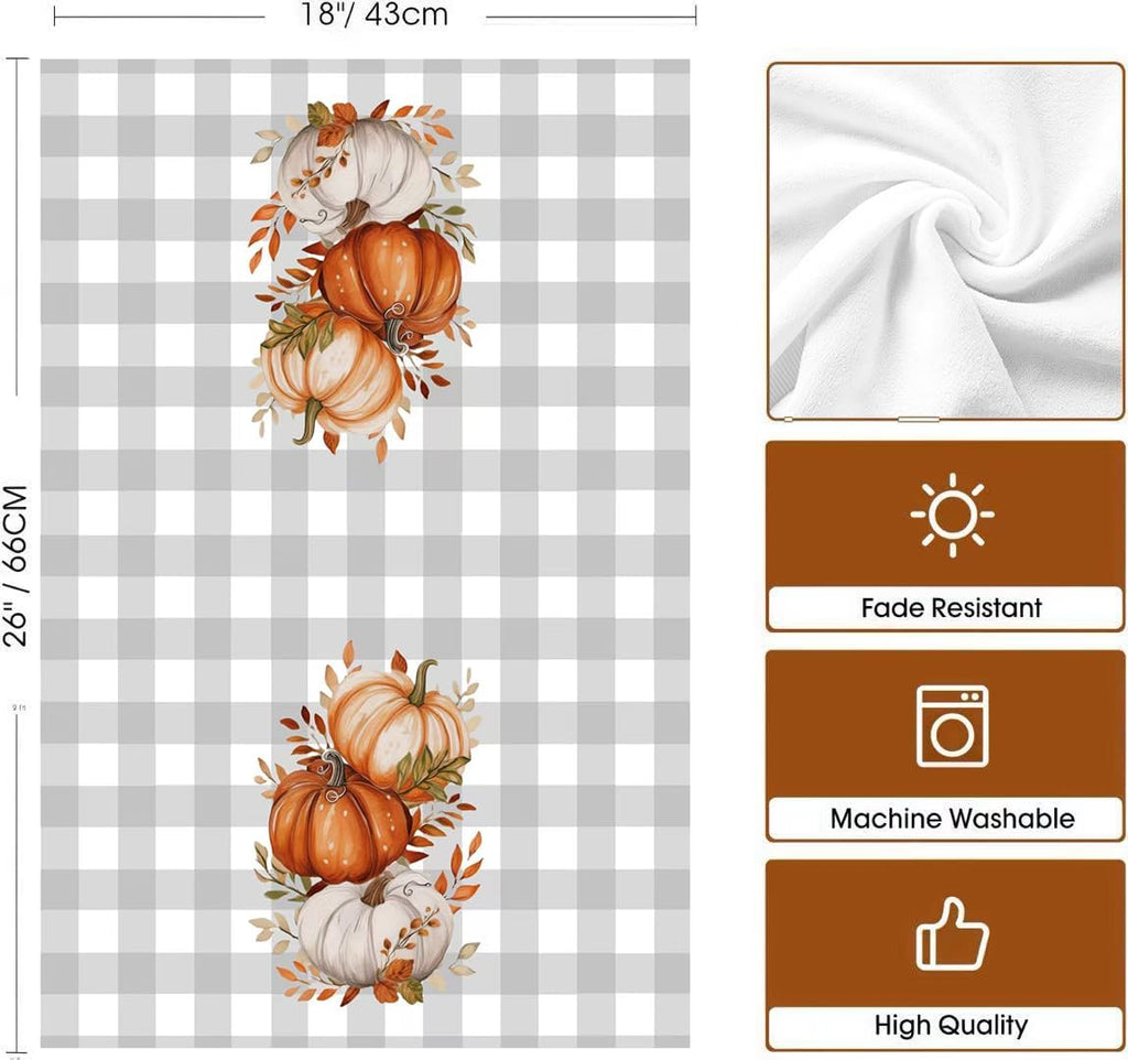 Fall Kitchen Towels Set of 4, Pumpkin Buffalo Plaid Home Decor