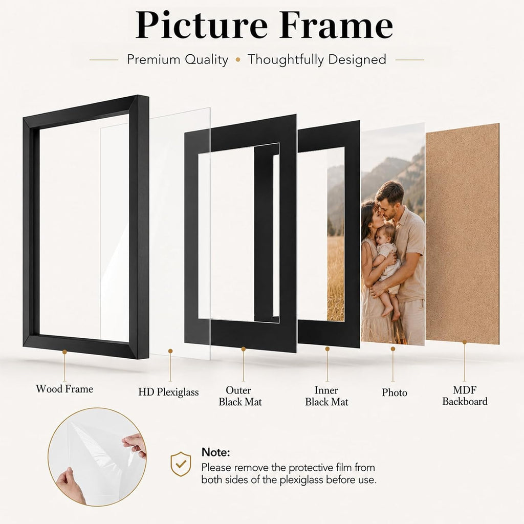 12x16 Double Floating Mat Wood Picture Frame, for 30 x 40cm Diamond Art Painting with Double 10x14 Black Mat, 10x14 Matted Frame with Shatter Resistant Plexiglass, 2 Pack, Black
