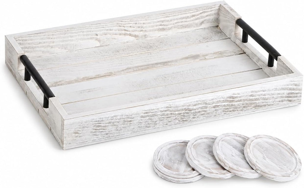 Whitewashed Wooden Serving Tray with Black Metal Handles and 4 Coasters, 16.1 x 11.8 Inch Rustic Farmhouse Ottoman Tray for Coffee Table, Living Room, Breakfast and Home Decor