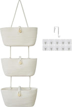 3-Tier Cotton Rope Baskets with Tassels Over the Door Wall Hanging Baskets for Nursery, Living Room, Bathroom, Door Storage Organizer for Decoration Jute&White