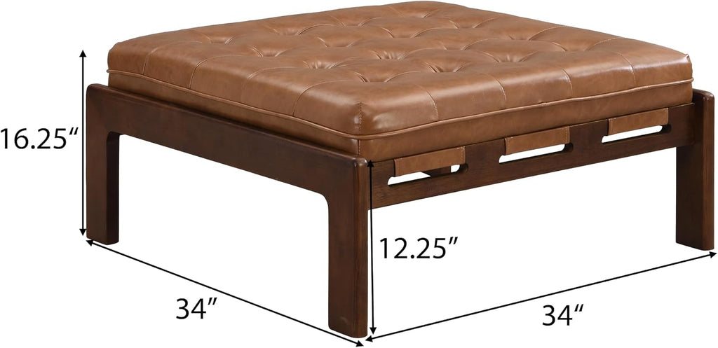 Christopher Knight Home Yorick Modern Square Faux Leather Upholstered Living Room Cocktail Ottoman/Coffee Table, Rubberwood Frame, Tufted Top, Large Sofa Footstool, Multi-Functional, Brown+Walnut