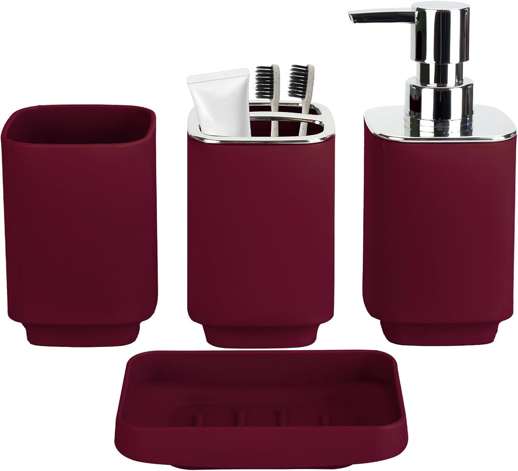 4Pcs Burgundy Bathroom Set, Square Boho Soap & Toothbrush Holder Set