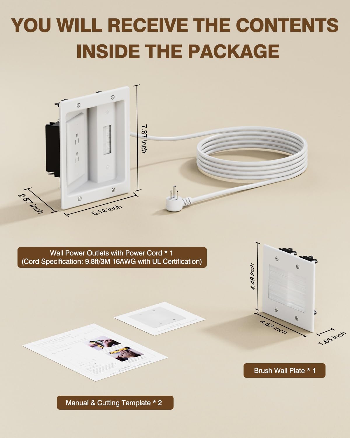 in-Wall TV Cable Management Kit, 9.8FT Recessed Dual AC Outlet Box w/Brush