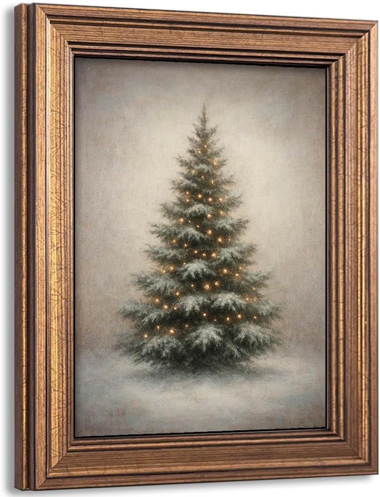 Gold Framed Vintage Christmas Tree Canvas Wall Art Farmhouse Rustic Pine Tree Winter Print Botanical Holiday Decor for Living Room Bedroom Entryway (Vintage Christmas Tree, 12L" x 9.5W")