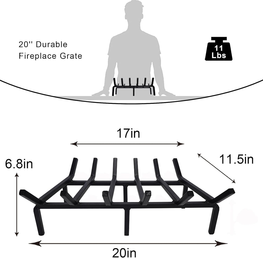 20 Inch Fireplace Grate Heavy Duty Solid Steel with 3 Piece Fireplace Tray Ash Pan for Indoor Hearth Outdoor Fire Pit Chimney Hearth Kindling Tool