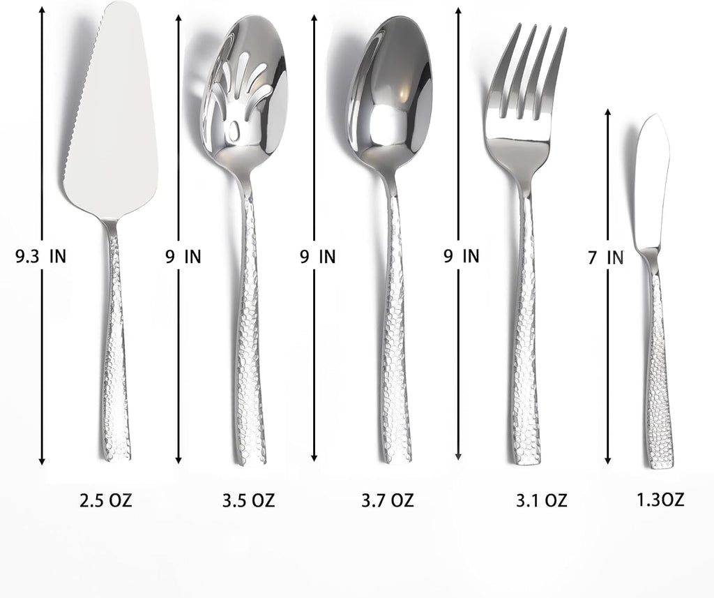 Serving Utensils Set, Stainless Steel Hammered Serving Set