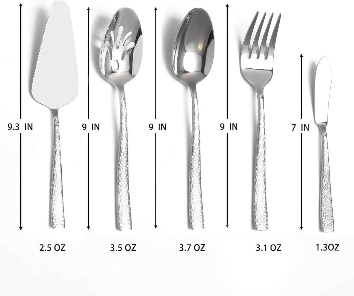 Serving Utensils Set, Stainless Steel Hammered Serving Set