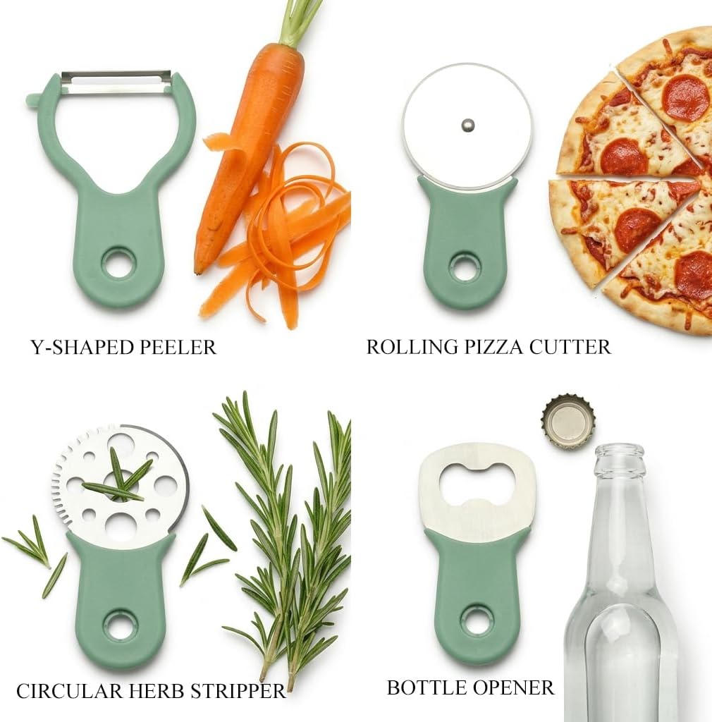 HAO'S COOK 8-Piece Nesting Kitchen Gadget Set, Space-Saving Stackable Utensil Set with Graters, Peeler, Pizza Cutter, Herb Stripper & Bottle Opener, Compact Cooking Tools for RV, Apartments & Camping