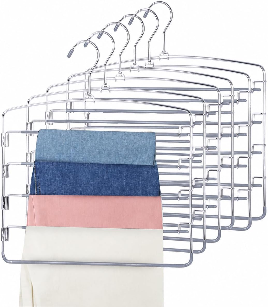 FeeraHozer Pants Hangers Non Slip 3 Pack Space Saving Hangers Multi-Layer Swing Arm Pants Hanger Stainless Steel Space Saver Hanger Closet Storage Organizer for Jeans Trouser Slacks Clothes (Black)