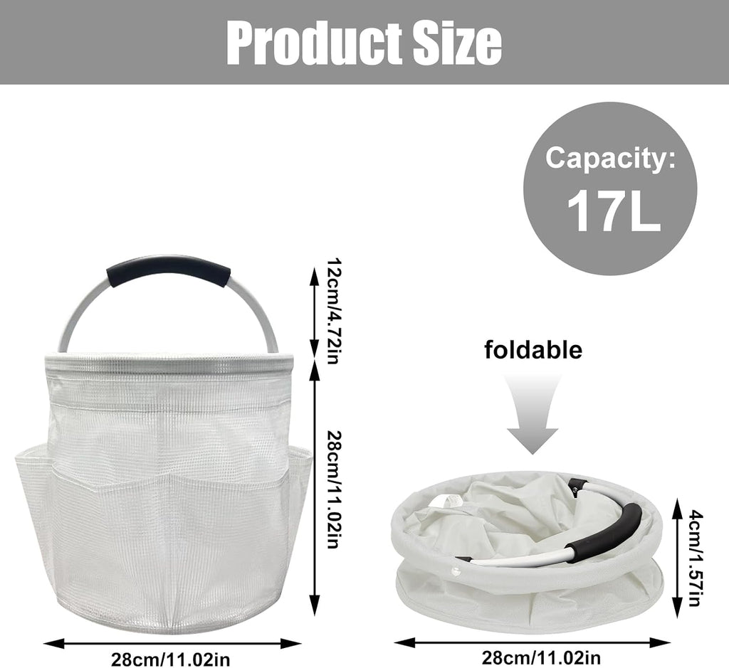 17L Cleaning Caddy with Handle, Foldable Cleaning Supply Caddy with 6 Pockets Cleaning Caddy Bag for Outdoor Camping Garden Harvest Basket Bathroom Storage (Clear)