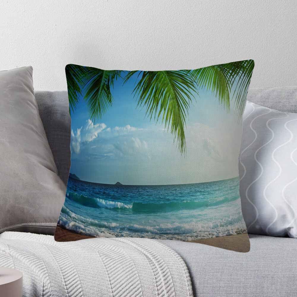 Tropical Palm Tree Green Throw Pillow Covers 18x18 Set of 2,Carribean Coastaline Beach Ocean Waves Decorative Pillow Covers for Sofa Couch Living Room Soft Home Decor,Outdoor Cushion Cases