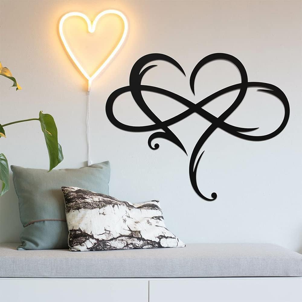 Infinity Heart Wall Decor, Unique Infinity Heart Metal Art Wall Decor Love Sign Steel Wall Plaques Bedroom Ornaments for Home Wedding Decor, Room Living Room Decoration (Black, 15.7x14inch)