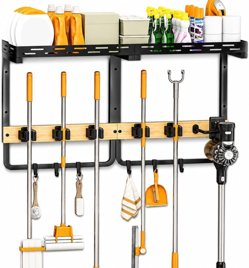 Mop and Broom Holder Wall Mount with Railing Shelf,3-in-1 Cleaning Storage Organizer,Storage Rack with Vacuum holder 5 Grips 6 Hooks for Laundry Utility Garages Closet,