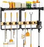Mop and Broom Holder Wall Mount with Railing Shelf,3-in-1 Cleaning Storage Organizer,Storage Rack with Vacuum holder 5 Grips 6 Hooks for Laundry Utility Garages Closet,