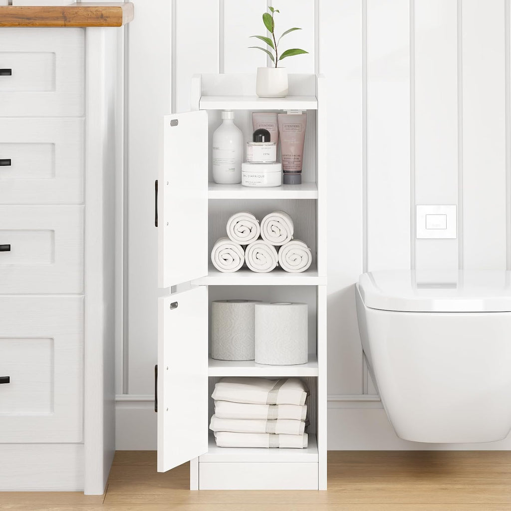 Narrow Bathroom Storage Cabinet with 2 Doors and Shelves, 9.8" W Small Storage Cabinet for Toilet Paper Storage, Slim Cabinet for Small Spaces, Bathroom, Kitchen, 9.8" W × 7.9" D × 29.5" H, White