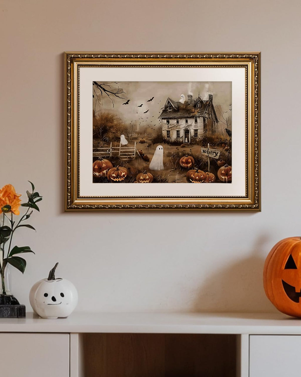 Vintage Gold Framed Spooky Halloween Wall Art, 13x16 Haunted House Jack-o’-Lanterns Bats Canvas Painting Print, Ghosts Pumpkins Halloween Picture Holiday Home Room Atmospheric Decor