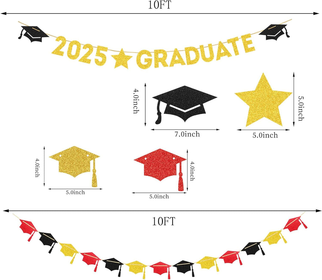 Red Black-Gold Party-Decoration Graduation Banner - 8pcs Kits Cap Garland Streamers, Paper Tissue Pom Poms Flowers, 2025 Craduate Banner Congratulations Grad Decor Lasting Surprise