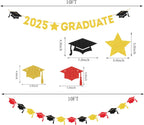 Red Black-Gold Party-Decoration Graduation Banner - 8pcs Kits Cap Garland Streamers, Paper Tissue Pom Poms Flowers, 2025 Craduate Banner Congratulations Grad Decor Lasting Surprise