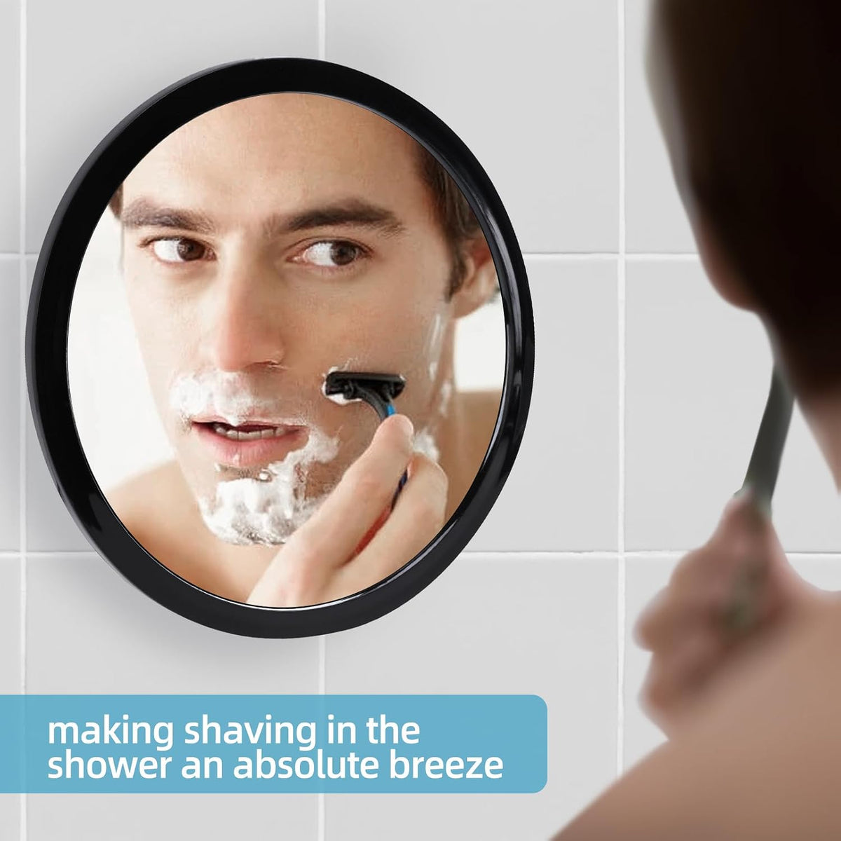 Fogless Shower Mirror for Shaving and Makeup with 3 Removable Powerful Suction Cups, Shatterproof Anti Fog Mirror for Shower and Bathroom, Glassless Safety Kids Mirror (Black)