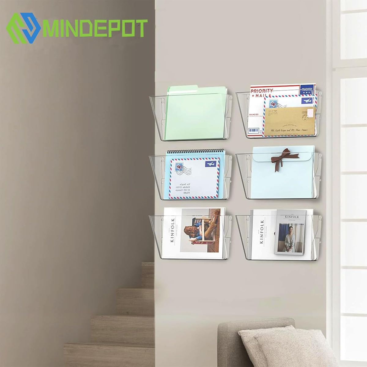 MINDEPOT 6 Pockets Acrylic Wall File Organizer Clear File Holder for Office