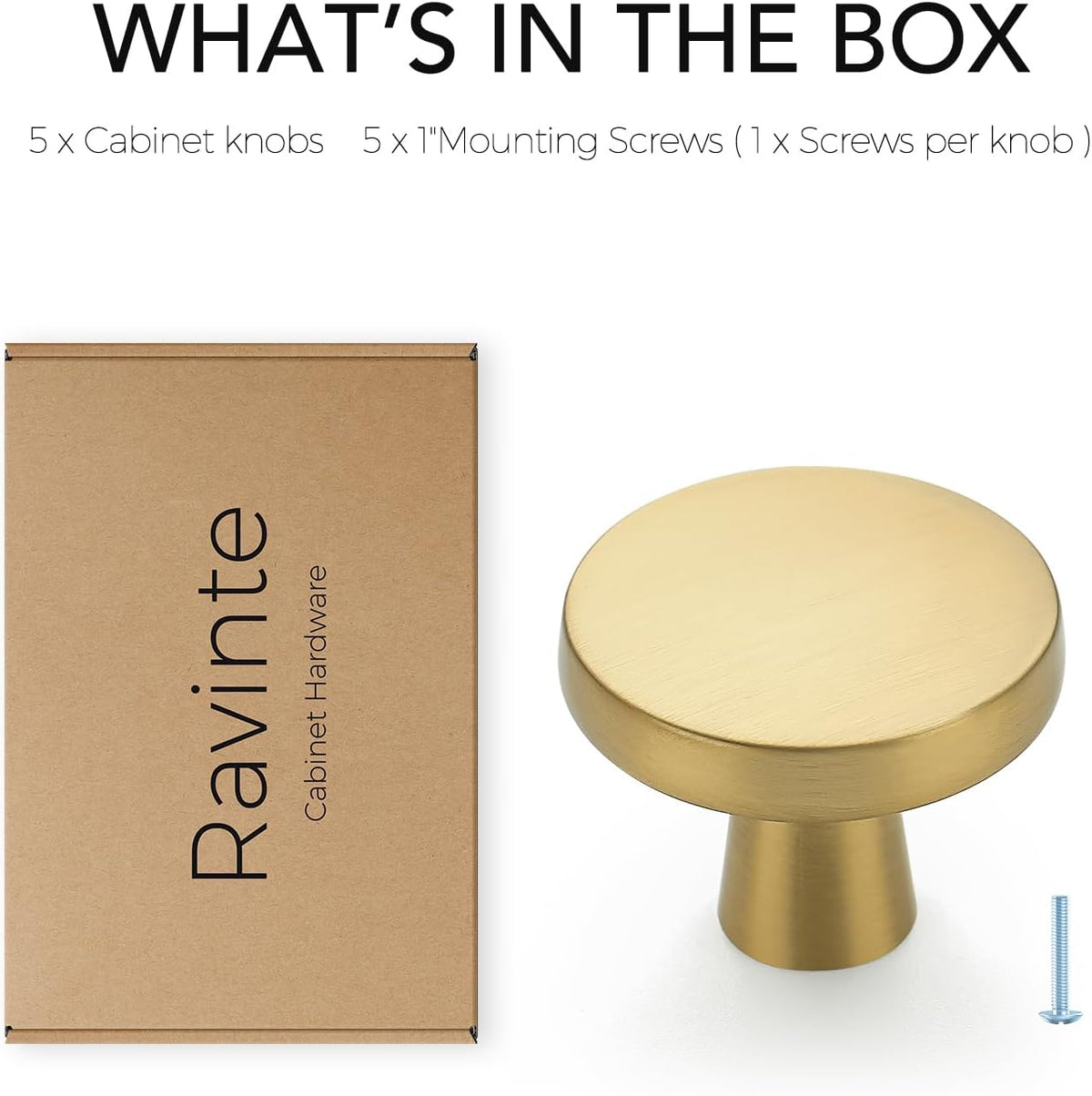 Ravinte Brushed Brass Cabinet Knobs Solid Pulls Single Hole 5 Pack
