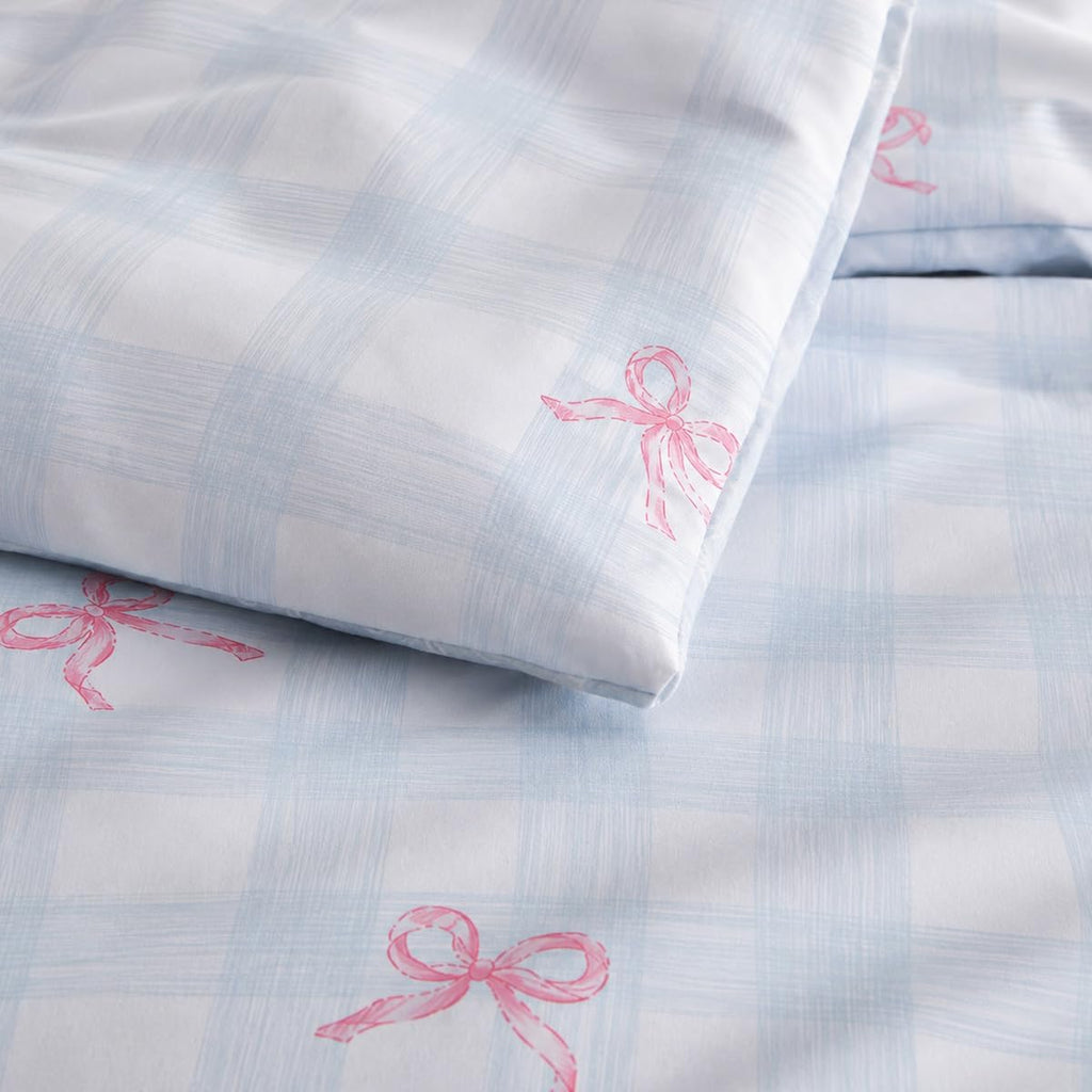 Blue Plaid Twin Comforter Set Pink Bow, Soft Microfiber Bedding