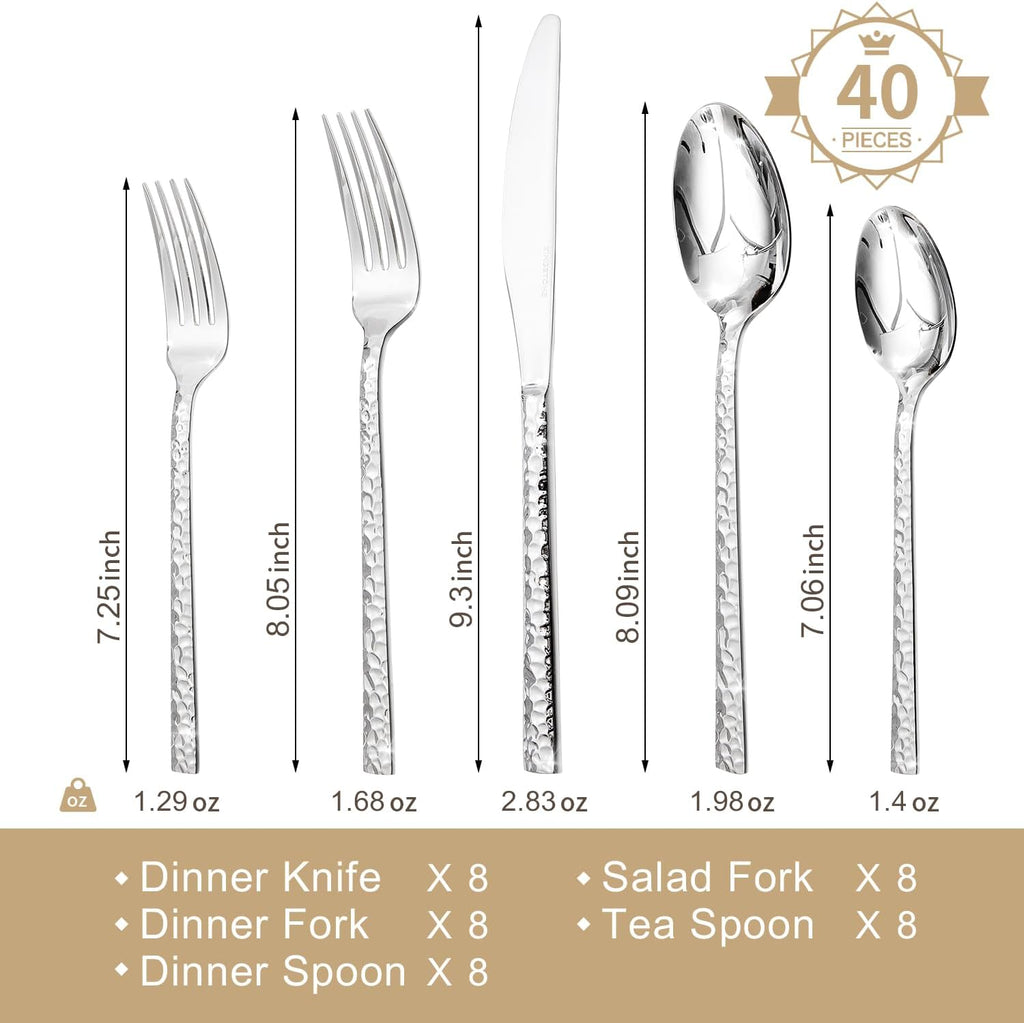 40 Piece Hammered Silverware Set, 18/10 Stainless Steel Flatware Set for 8