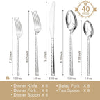 40 Piece Hammered Silverware Set, 18/10 Stainless Steel Flatware Set for 8