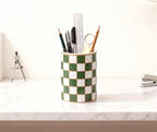 Ceramic Checkered Pen Holder For Desk,Cute Stand Black And White Pencil Cup,Durable Ceramic Pencil Cup, Decorative Makeup Brush Holder Cup, Stationery Holder for Office, School, Home (Green)