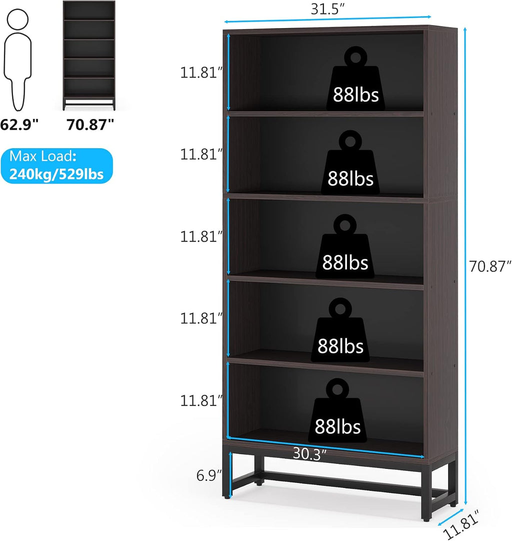 Tribesigns Tall Bookcase and Bookshelf, 70.8” Large Bookcases Organizer with 5-Tier Storage Shelves, Heavy Duty Free-Standing Library Bookshelf Shelving Unit for Living Room, Bedroom (Dark Walnut)