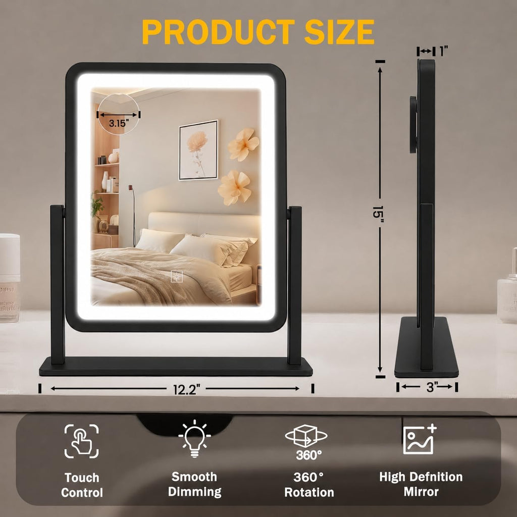 Vanity Mirror with Lights, 12.2" x 15" Large LED Makeup Mirror with Light, HD Mirror, Smart Touch with 3-Color Lighting, Dimmable, 360° Rotation, Lighted Up for Vanity Desk Tabletop, Bedroom (Black)