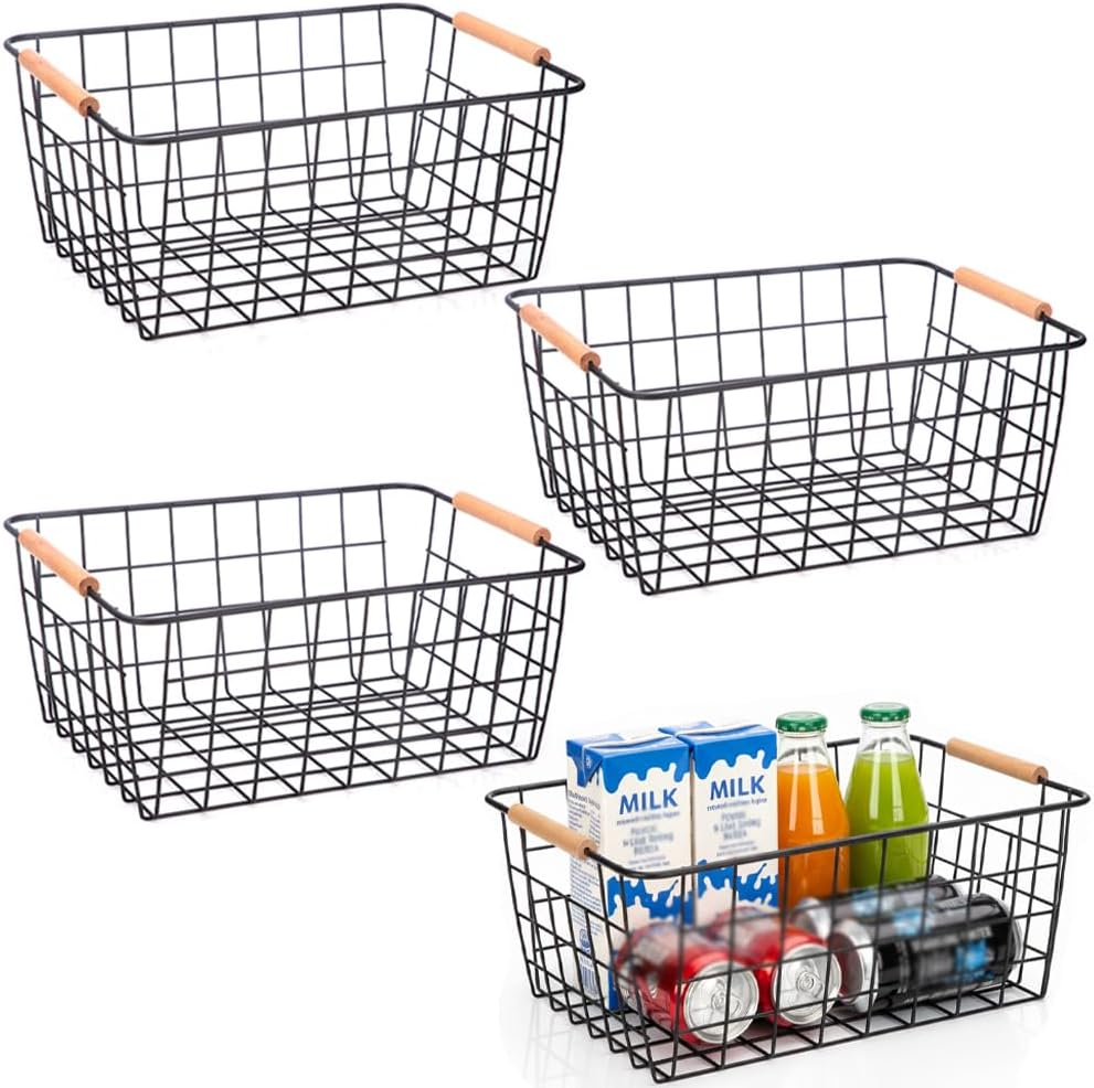 LeleCAT Wire Baskets with Handles, Wire Storage Organizer Baskets, Household Refrigerator for Cabinets, Pantry, Closets, Bedrooms - Set of 4（Black)