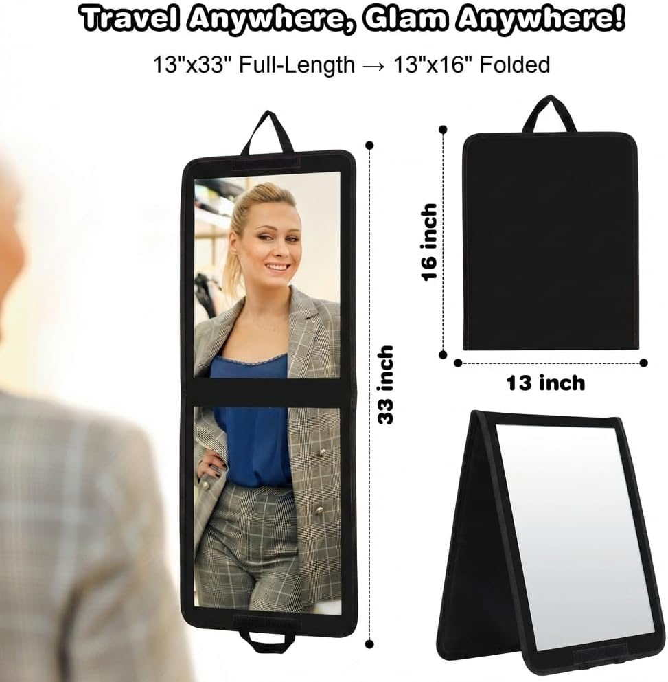LPHUMEX Foldable Full Length Dance Mirror – 33” Portable Shatterproof Hanging Mirror, Folding Full Length Travel Mirror for Dancing, Camping, RV