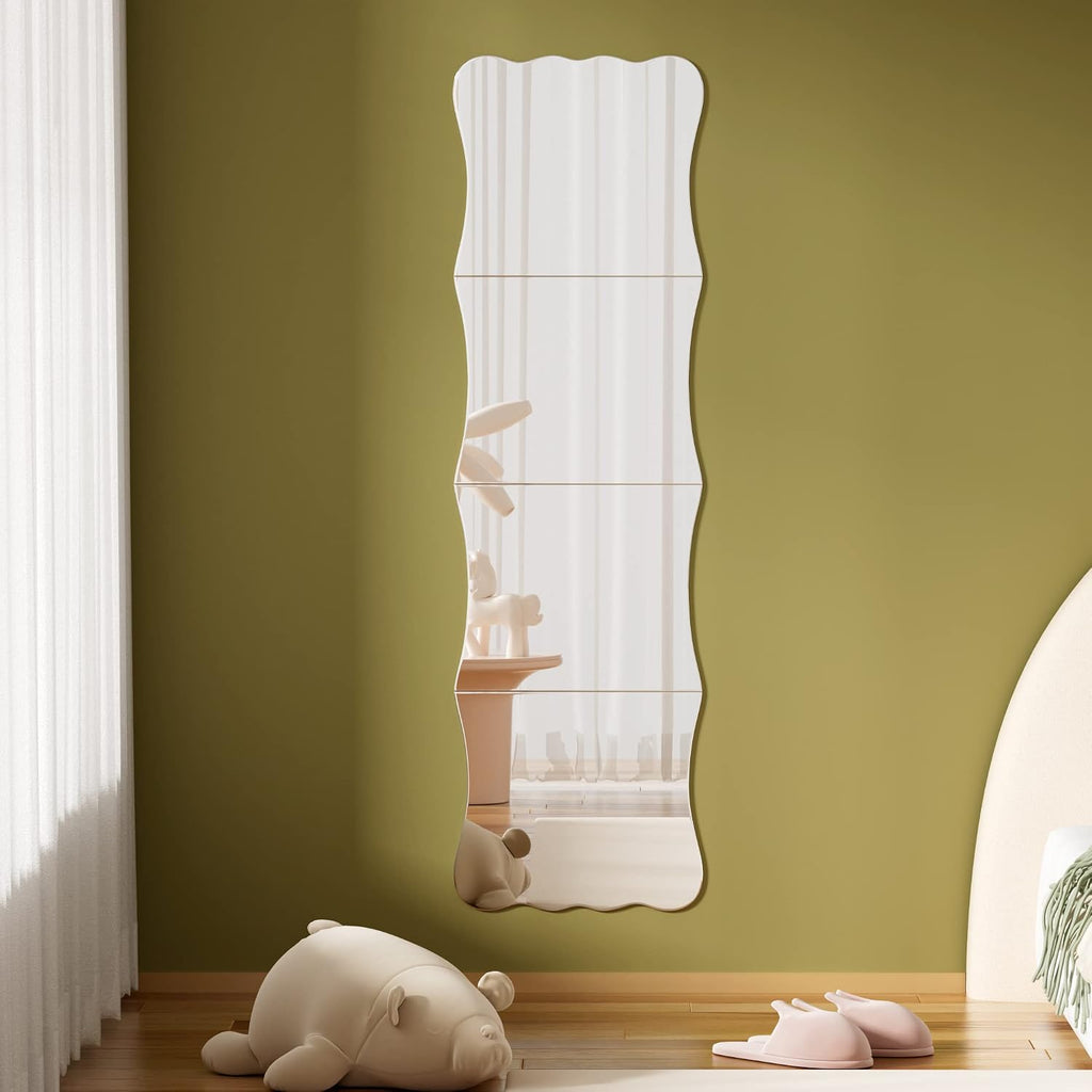 Wavy Shatterproof Full Length Wall Mirror Tiles, 47" x 14" (4 Pack 14" x 12"), Unbreakable Acrylic Safety Body Mirror for Kids, Baby, Toddler, Playroom, Dorm, Door & Gym, Frameless Non-Glass