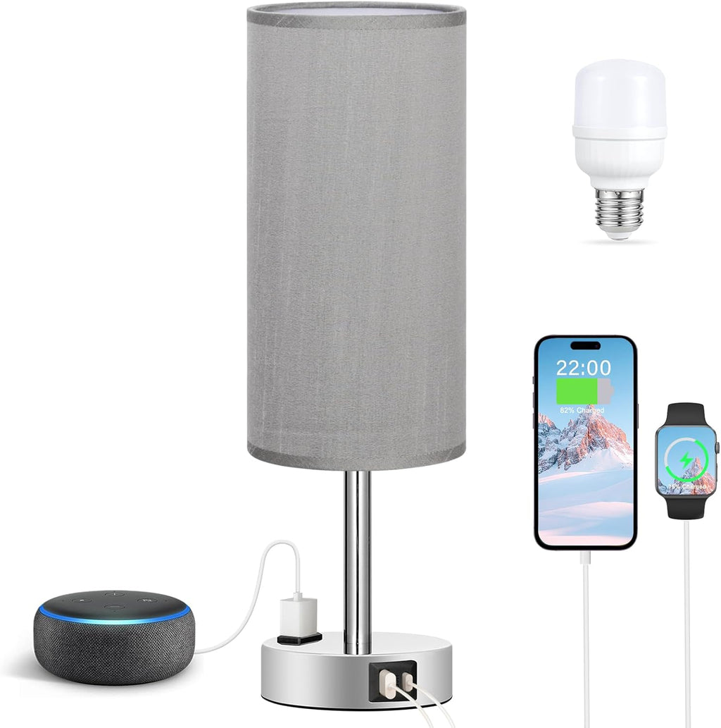 Fenmzee Grey Bedside Lamp for Bedroom, Dimmable Touch, USB A+C, AC Outlet