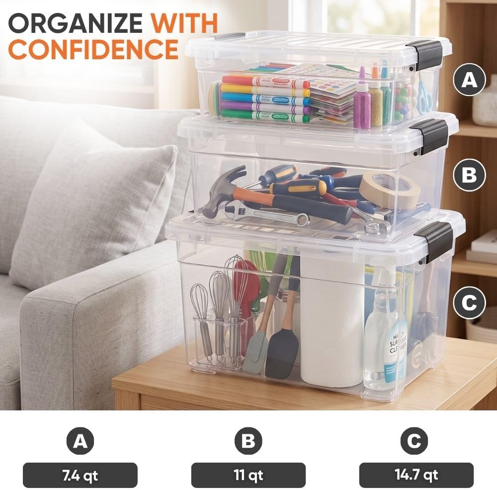 Superio 11 Quart Clear Plastic Storage Boxes with Lids, Stackable Organizer Containers, BPA-Free Storage Bins for Home, Office, School & Dorm, 1 Pack