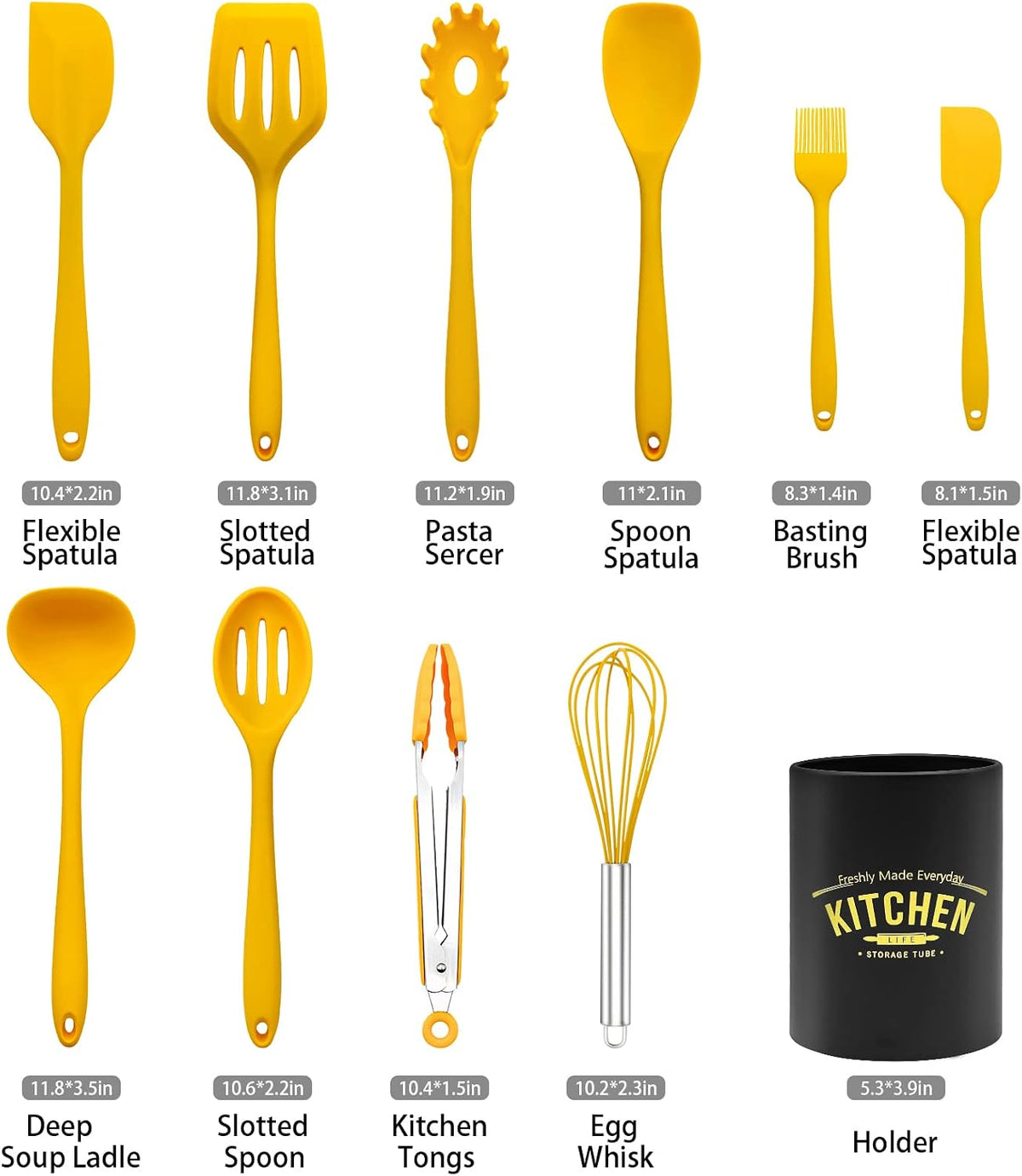 11 PCS Cooking Kitchen Utensils Set, Yellow Silicone Utensils Set