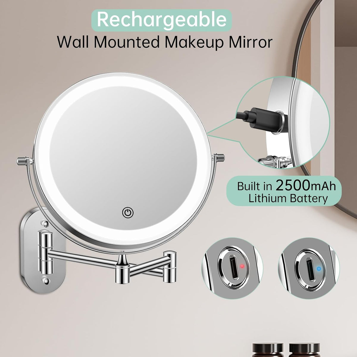 FUNTOUCH 2500mAh Rechargeable Wall Mounted Lighted Makeup Mirror 1X/20X