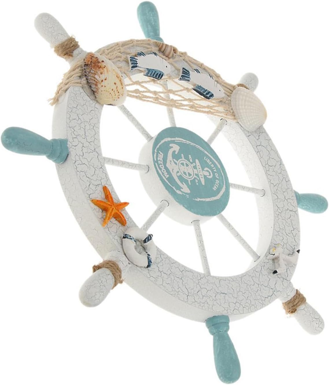 Rienar Nautical Beach Wooden Boat Ship Steering Wheel Fishing Net Shell Fish Coastal Ocean Home Wall Décor(11" Diameter)