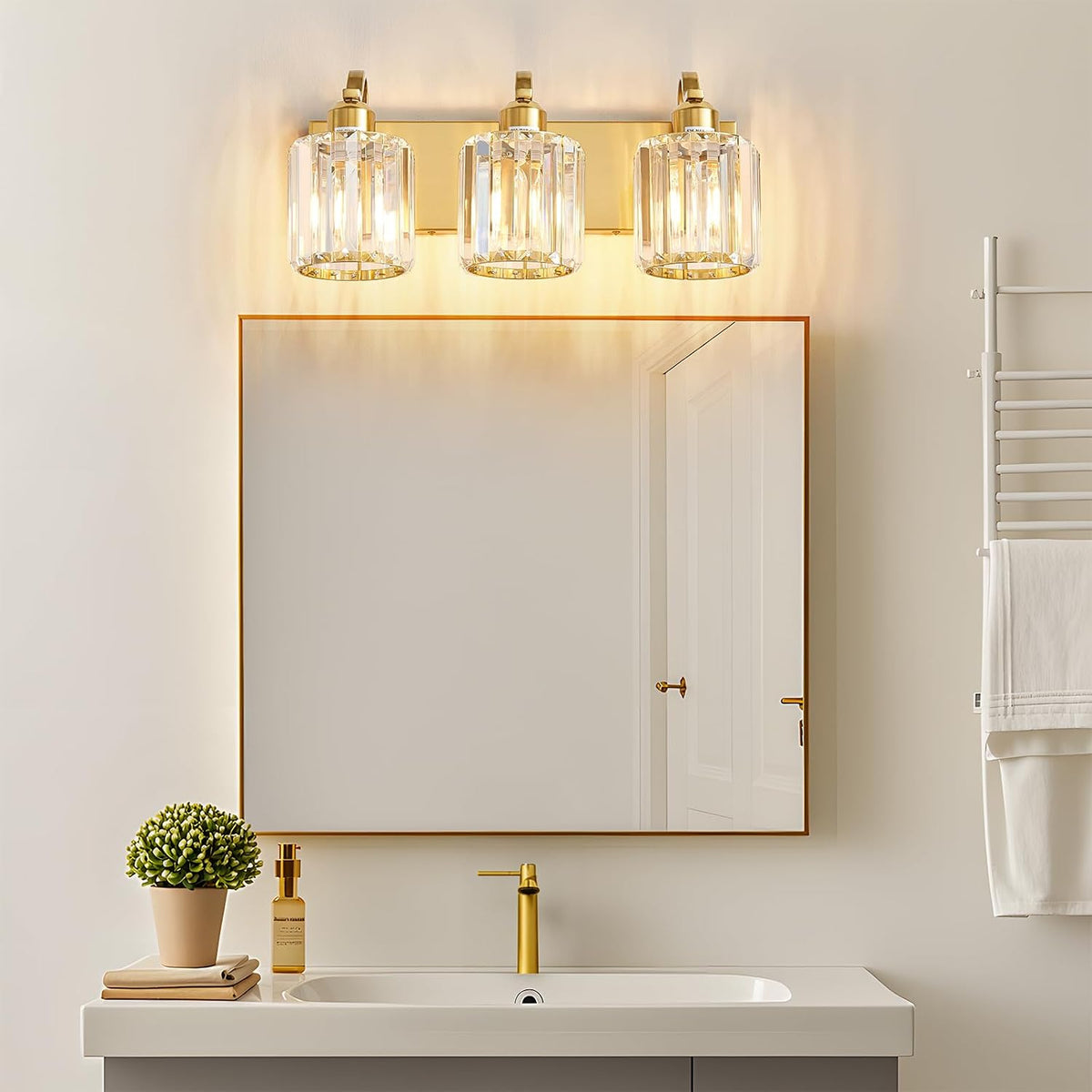 3-Light Gold Bathroom Light Fixtures,Modern Bathroom Vanity Lights Fixture with Clear Crystal Glass Shade, Modern Crystal 3 Lights Wall Sconce (Exclude Bulb)