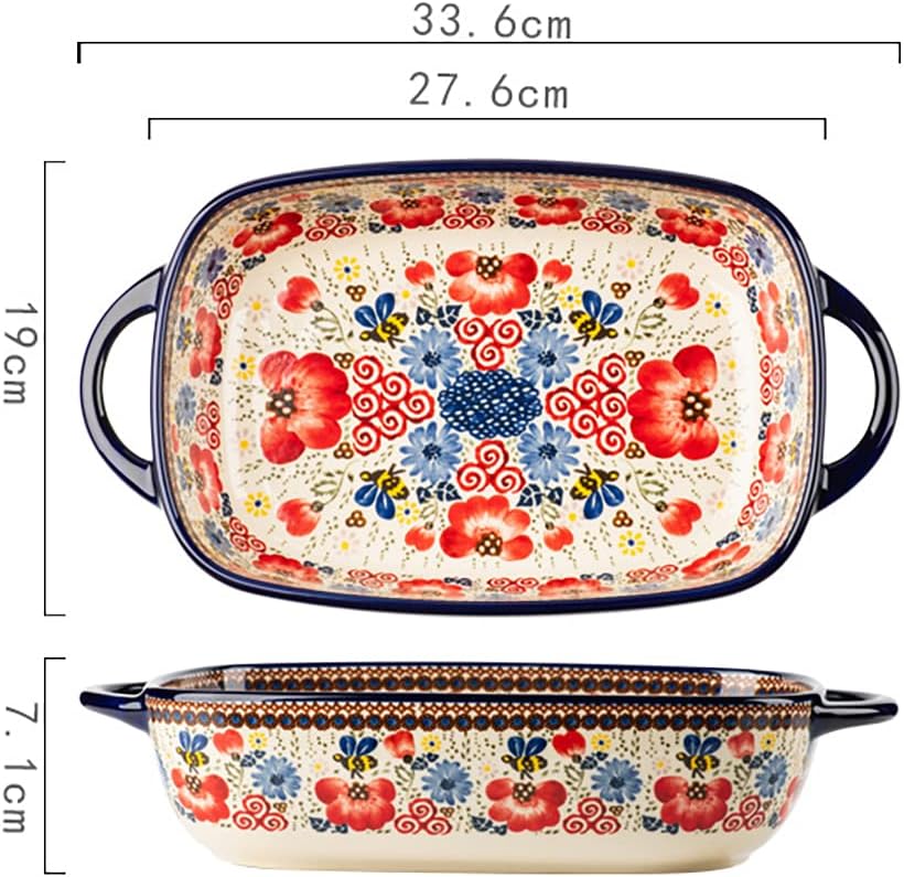 Vintage Flowers Style Ceramic Bakeware Casserole Dish Baking Pan Lasagna Pans Baking Dish with Handles for Oven/Cooking/Kitchen-1 PCS-Red Flowers-60 OZ
