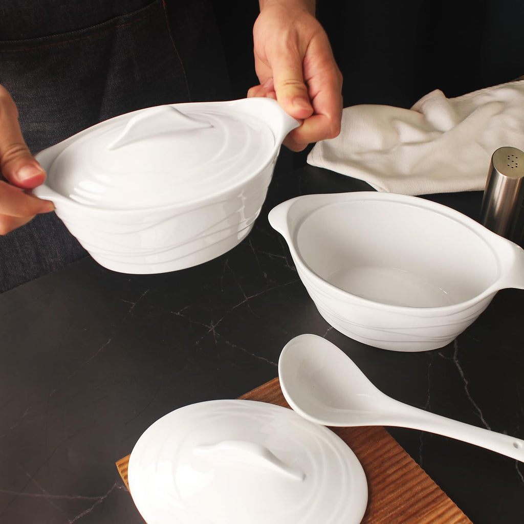 Casserole Dish 1.4 Quart French White Ceramic Bakeware Set with Lids, Chip and Crack Resistant Stoneware Baking Dish, Microwave, Dishwasher, Oven, Freezer and Fridge Safe (11.7 INCH Oval)