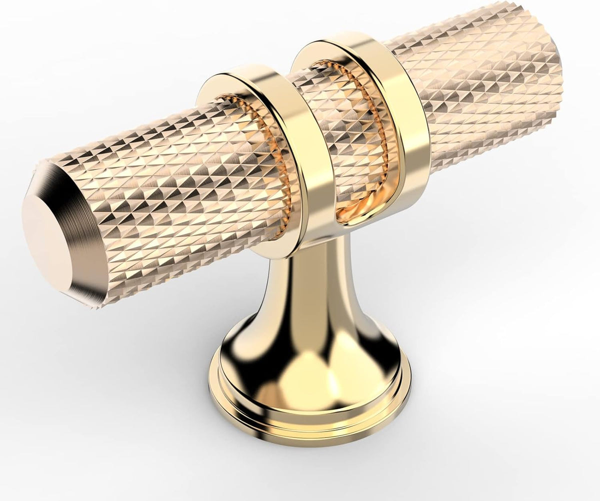 Amerdeco 10 Pack Gold Cabinet Knobs 2 Inch Length Single Hole T Bar Kitchen Cabinet Knob Knurled Cabinet Pulls for Drawer Dresser Cupboard ZH0025