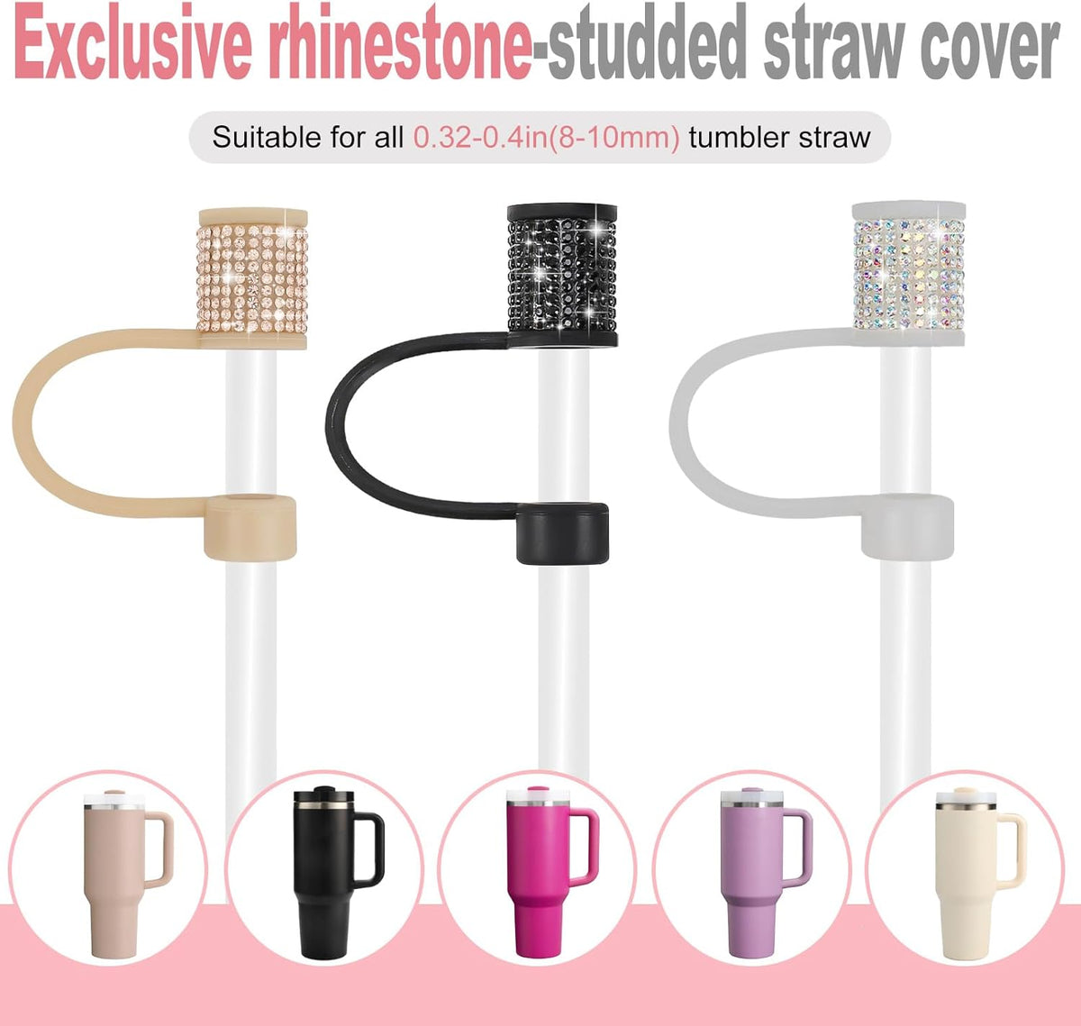 Rhinestone Stanley Cup Accessories Set Including 0.4in Bling Straw Covers, Spill Proof Stopper, Diamond Glitter Silicone Boot for Stanley Accessories 40oz (Fit 40 oz, Champagne)